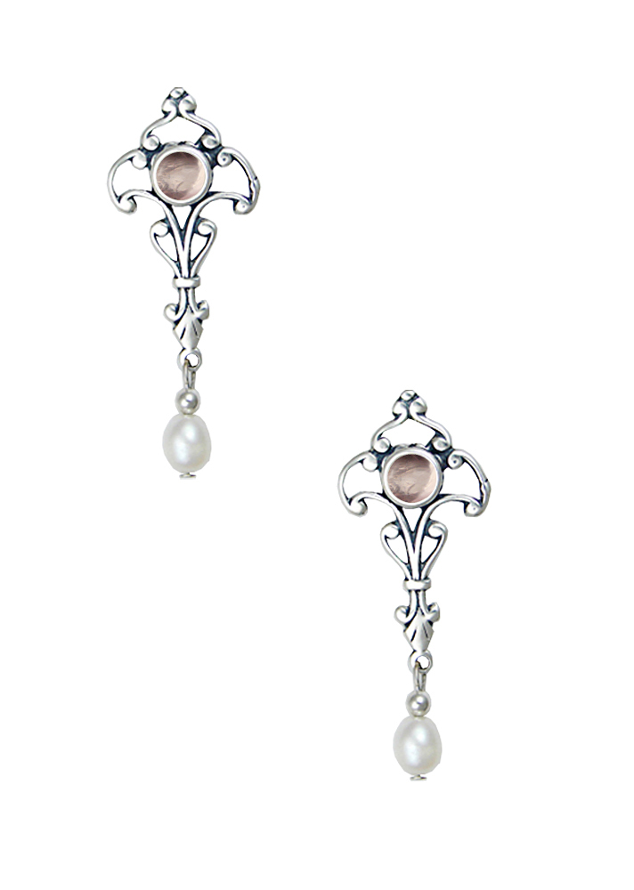 Sterling Silver Romantic Victorian Drop Dangle Earrings With Rose Quartz